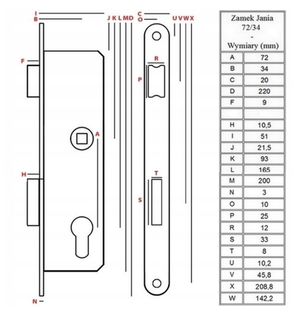Zamek zapadkowo-zasuwkowy 72/34 lewy Jania Z220