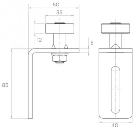 Rolka górna prowadząca łożyskowana Fi35 mm z kątownikiem