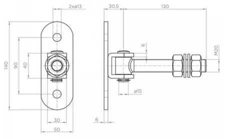 Zawias regulowany do przykręcenia M18 L-130 z szyldem 140x50x6 mm