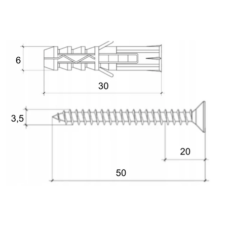 Kołki rozporowe 6x30 z wkrętem z łbem stożkowym 3,5x50 mm 200 szt