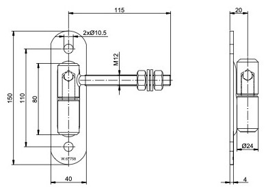Zawias regulowany toczony Fi24 z kulką M12 z szyldem 150x40x4 mm