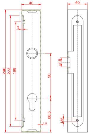 Kaseta 40x40 mm z zamkiem zapadkowo-zasuwkowym 90/22