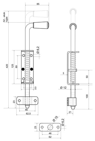 Rygiel ze sprężyną 420 mm ocynkowany
