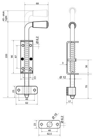 Rygiel ze sprężyną 220 mm ocynkowany