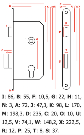 Zamek drzwiowy 72/55 na wkładkę lewy