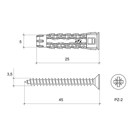 Kołki uniwersalne 5x25 z wkrętem z łbem stożkowym 3,5x45 mm 200 szt