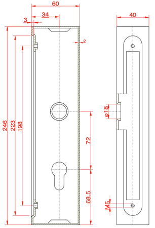 Kaseta 60x40 mm z zamkiem zapadkowo-zasuwkowym 72/34