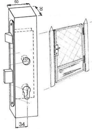 Kaseta 50x30 mm z zamkiem zapadkowo-zasuwkowym 72/34