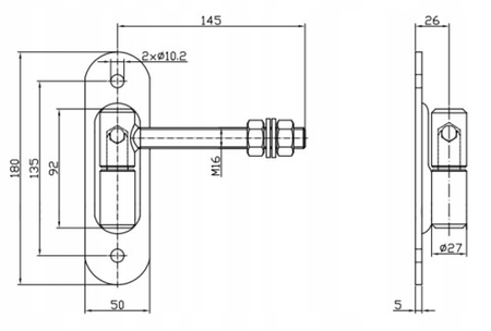 Zawias regulowany toczony Fi27 z kulką M16 z szyldem 180x50x5 mm