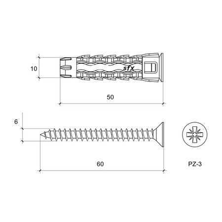 Kołki uniwersalne 10x50 z wkrętem z łbem stożkowym 6x60 mm 50 szt