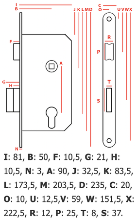 Zamek drzwiowy 90/50 na klucz