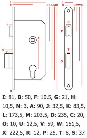 Zamek drzwiowy 90/50 na wkładkę