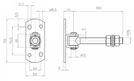 Zawias regulowany do przykręcenia M16 L-130 z szyldem 115x50x5 mm z otworami w kształcie fasoli
