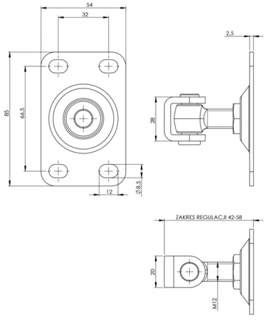 Zawias regulowany do przykręcenia M12 z szyldem 85x54 mm z otworami w kształcie fasoli