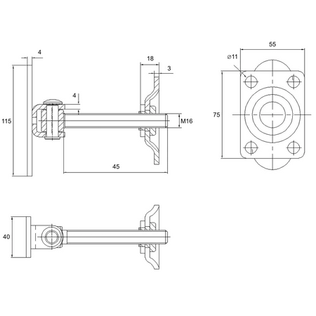 Zawias regulowany M16 z szyldem 115x40 mm i platerem 75x55x3 mm