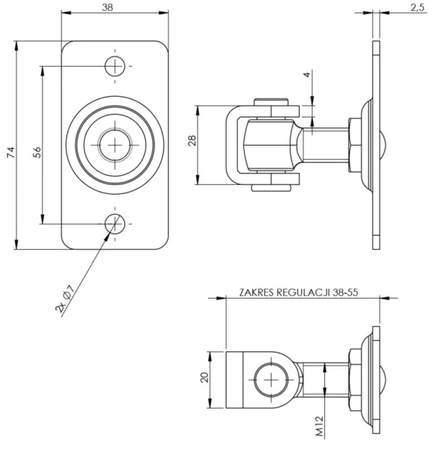 Zawias regulowany do przykręcenia M12 z szyldem 74x38 mm
