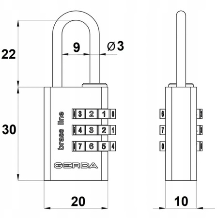 Kłódka pałąkowa mosiężna szyfrowa 20