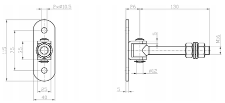 Zawias regulowany do przykręcenia M16 L-130 z szyldem 115x40x5 mm