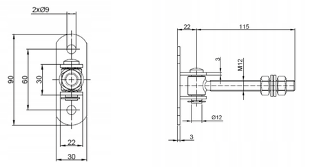 Zawias regulowany do przykręcenia M12 L-115 z szyldem 90x30x3 mm